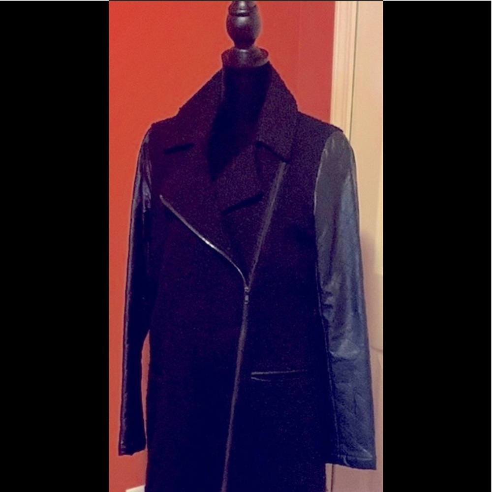 Ruff Hewn multi texture asymmetrical zip midi jacket